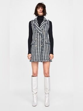 Zara New With Tags Houndstooth Tweed Dress Vest Gold Tone Buttons Retail $99